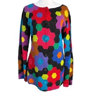 Michael Simon Vintage 90s Rainbow Crochet Cardigan Knit Boho Art Sweater M